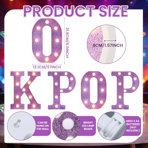 4 Pcs Kpop Birthday Decorations Purple 8.6 Inch Kpop LED Letter Lights Pop Prom Party Supplies Music Theme Anniversary for Character Fans Super Singer Birthday Decorations for Wall Shelf Table - style: Kpop
