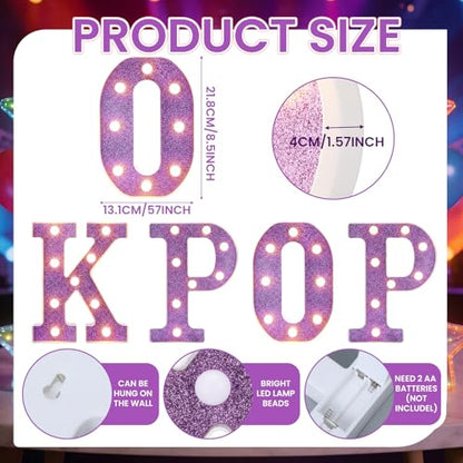 4 Pcs Kpop Birthday Decorations Purple 8.6 Inch Kpop LED Letter Lights Pop Prom Party Supplies Music Theme Anniversary for Character Fans Super Singer Birthday Decorations for Wall Shelf Table - style: Kpop