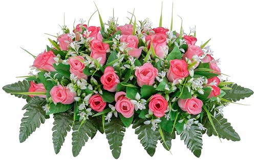 MOOMASS Artificial Cemetery Flowers Saddle, Pink Roses, Outdoor Grave Decorations with Non-Bleed Colors - color: Pink Saddle