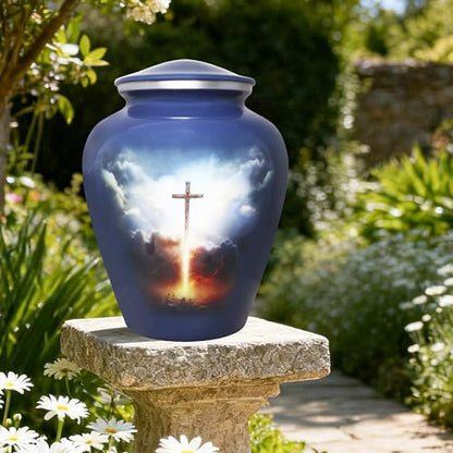 M MEILINXU Cremation Urns for Human Ashes, Grey Blue Cross, Large Adult Urn - color: Grey Blue