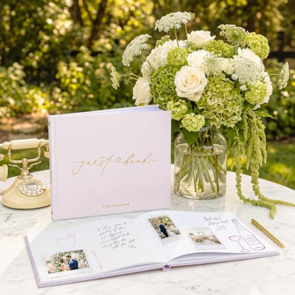 Wedding Guest Book, Polaroid Photo Guestbook for Baby Shower, Blank Pages | Table Sign Included, Gold Stamping, Hardcover, 9x7.5", Perfect for Bridal Party & Baby Shower, Pink - color: Lavender