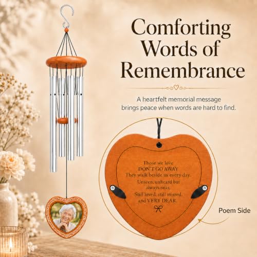 34 Inch Memorial Wind Chimes for Outside, Wooden Photo Frame Heart Pendant - color: Silver