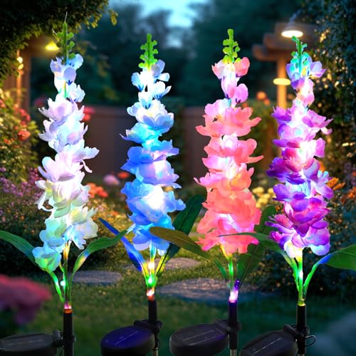 Solar Garden Lights Solar Delphinium Flowers Lights 4 Pack Waterproof Outdoor Light for Outside Wedding Party Garden Yard Patio Lawn Decor 4 Colors Combo - color: Delphinium