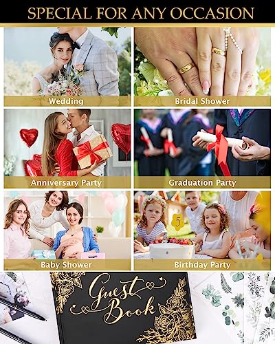 Black Wedding Guest Book, Guest Book Wedding Reception with Pens, 9x7'' | Personalized Wedding Guestbook Photo Album Sign in Book, Gold Foil Hardcover & Gilded Edges, For Weddings Baby Shower Party - color: Black