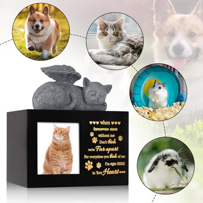 Pet Urns for Ashes, Black Wooden Cat Urns for Ashes with Cat Angel, Cat Memorial Keepsake Memory Box with Photo Frame, Loss Pet Sympathy Remembrance Gift (Medium - Memory)