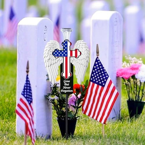 Solar Memorial Cross with Angel Wings - Patriotic American Flag Cemetery Decorations - 2026 USA 250th Anniversary Veteran Grave Marker, Father's Day Tribute - style: Angel wings