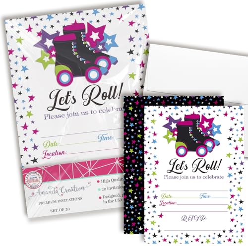 Let’s Roll Star Roller Skating Birthday Party Invitations, 20 5x7 Fill In Cards with Twenty White Envelopes by AmandaCreation - style: Let’s Roll Star Roller Skating