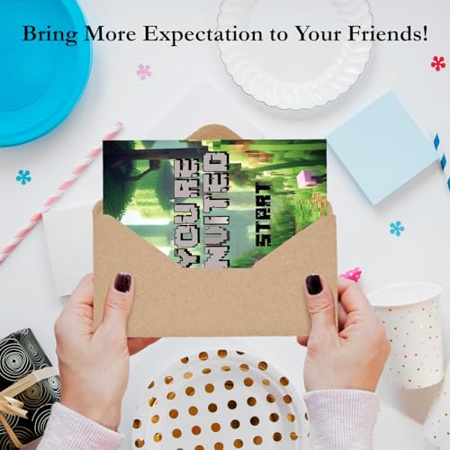 Pixel Games Birthday Invitations Jungle Party Cards with Envelopes - color: Green Pixel Games
