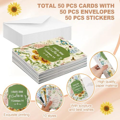 Affrolling 50 Pcs Christian Thank You Cards Bulk with Envelopes Stickers - style: Vintage Flower