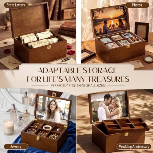 Junkin Large Wooden Keepsake Box with Lock & Photo Frame Lid Customizable Dividers Elegant Wedding Treasure Box for Photos, Letters, Time Capsules, Bride Gift, Decorative Storage