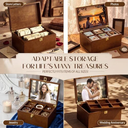 Junkin Large Wooden Keepsake Box with Lock & Photo Frame Lid Customizable Dividers Elegant Wedding Treasure Box for Photos, Letters, Time Capsules, Bride Gift, Decorative Storage