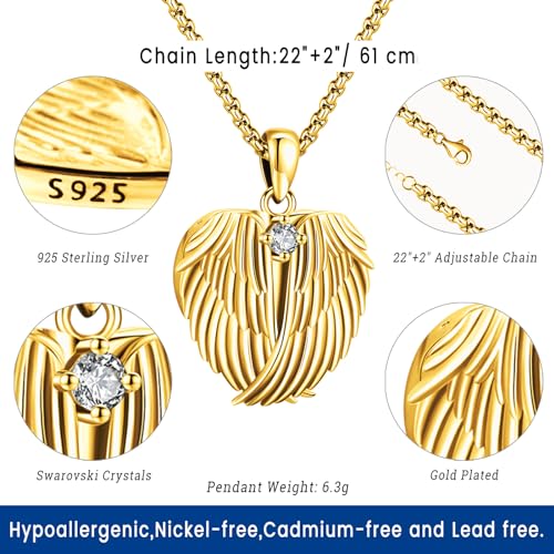 Picture Locket Necklace for Women Men Rose 14K Real Gold 925 Sterling Silver Jewelry Heart Locket Necklace that Holds Pictures Tree of Life Viking Wolf Celtic Knot St Christopher St Michael Pendant - color: G-Heart Wing Locket-Gold