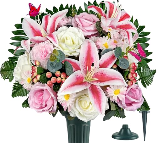 Artificial Cemetery Flowers,Memorial Flowers,Beautiful Arrangements for Headstones,Silk Lily Rose Berries Daisy