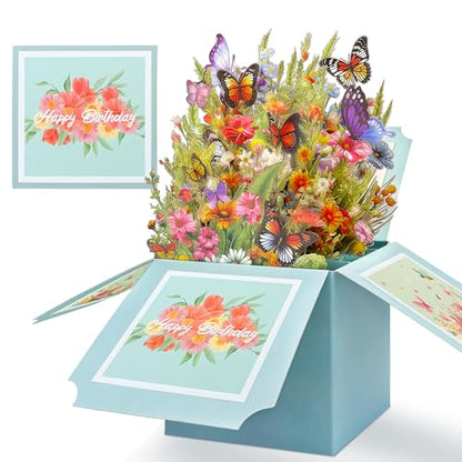 Pop Up Card, Wildflowers & Butterflies Birthday Card for Women | 3D Box Greeting Card for Mom, Wife, Daughter, Sister, Happy Birthday Gifts for Women, Blank Notecard & Envelope - color: Happy Birthday Wildflowers