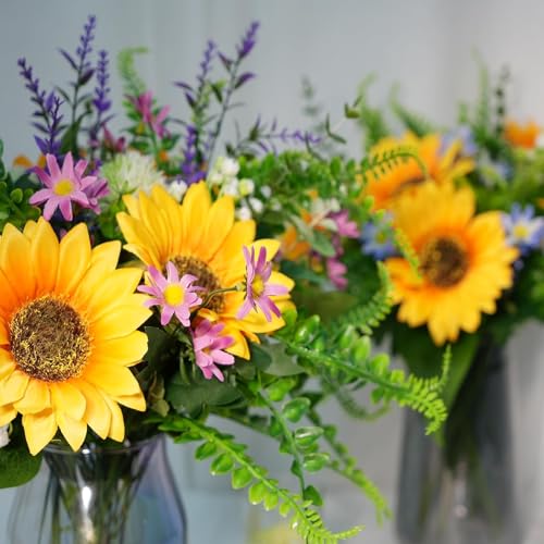 15" Sunflowers Artificial Flowers 25 Branches Grave Flowers for Cemetery | Faux Sunflowers Silk Summer Flowers Arrangements for Vase Bridal Bouquets Wedding Centerpieces Home Kitchen Table - color: Yellow,blue