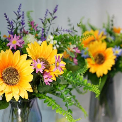 15" Sunflowers Artificial Flowers 25 Branches Grave Flowers for Cemetery | Faux Sunflowers Silk Summer Flowers Arrangements for Vase Bridal Bouquets Wedding Centerpieces Home Kitchen Table - color: Yellow,blue