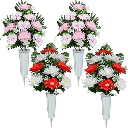 XONOR Artificial Cemetery Flowers, Spring Memorial Bouquet with Vase, Outdoor Grave Flowers Decorations, Artificial Dahlia Bouquet for Graveyard, Headstone Decoration, Set of 4 - color: Pink&red-9 Flowers