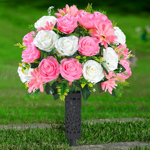 Yastouay Artificial Cemetery Flowers for Grave with Vase, Pink White, 2 Set | Realistic Look, Vibrant Color, Full Grave Flowers for Cemetery, UV Resistant, for Cemetery Grave Outdoor Decor - color: White Pink