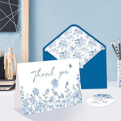 48 Pack Blue Floral Thank You Cards With Envelopes and Stickers, Blue Porcelain Flowers Thank You Cards, Summer Wedding Bridal Appreciation Banquet, Baby Shower, Graduation Ceremony, Birthday Greeting Letter - style: 48pcs - Celadon Flowers