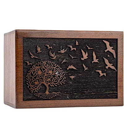 Rosewood Urn for Human Ashes, Tree of Life with Birds, Large 180 lb | Hand-carved solid sheesham rosewood, screw-locked sliding base, engraving available, holds up to 180 lb - color: Tree of Life With Birds, size: Large (180 lb)