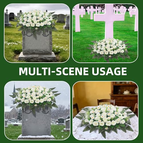 Wocst Headstone Flower Saddle,Large Artificial Cemetery Flowers for Grave Artificial Roses Daisy Saddle for Cemetery Headstone (White) - color: White