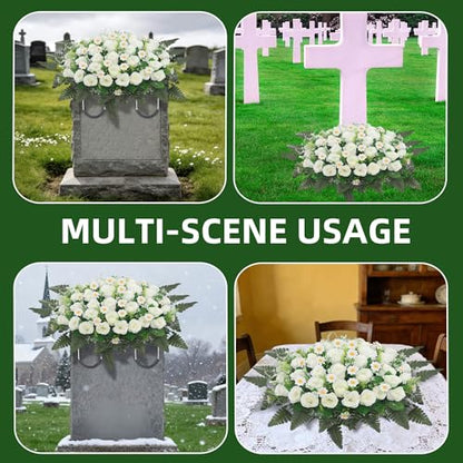 Wocst Headstone Flower Saddle,Large Artificial Cemetery Flowers for Grave Artificial Roses Daisy Saddle for Cemetery Headstone (White) - color: White