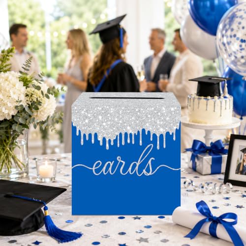 Blue Silver Card Box with Slot for Graduation, Wedding and Birthday Party - color: Blue Silver02