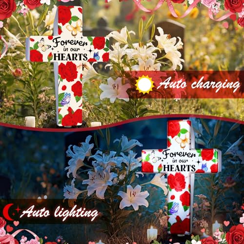 Qunclay Solar Cross Grave Lights Women Grave Decorations with Red Rose Flowers Waterproof Memorial Cross Stake Solar Powered Light Outdoor Yard Patio Sympathy Gifts for Loss of Loved One