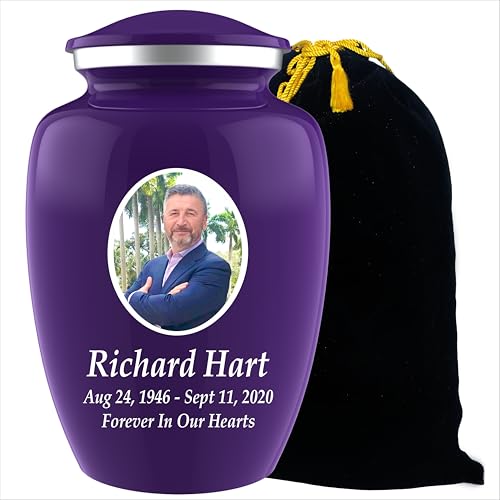 Personalized Photo Cremation Urns for Human Ashes Adult Male Female - 200lbs Custom Photo Burial Urns for Human Ashes - Engraved Handcrafted Funeral Decorative Urns for Adult with Velvet Bag, Purple
