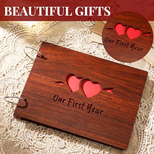 Kosiz Our First Year Anniversary Scrapbook Wooden Photo Album 8.7x6.3 DIY | Black Pages with Stickers and Pens, Wooden Cover, Couples Memory Book, Wedding Gift, Anniversary Journaling Album Kit