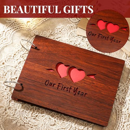 Kosiz Our First Year Anniversary Scrapbook Wooden Photo Album 8.7x6.3 DIY | Black Pages with Stickers and Pens, Wooden Cover, Couples Memory Book, Wedding Gift, Anniversary Journaling Album Kit