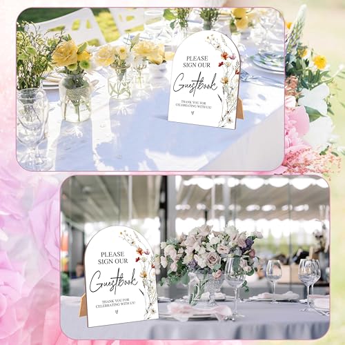 Wildflower Please Sign Our Guestbook Sign, Wedding Ceremony Signs, 6 x 8 Inch Arch Wooden Tabletop Sign with Stand, Wedding Reception Decoration Supplies (AG02) - color: Please Sign Our Guestbook