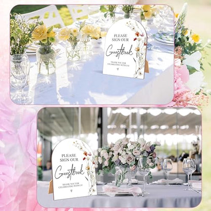 Wildflower Please Sign Our Guestbook Sign, Wedding Ceremony Signs, 6 x 8 Inch Arch Wooden Tabletop Sign with Stand, Wedding Reception Decoration Supplies (AG02) - color: Please Sign Our Guestbook