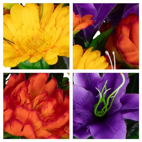 Artificial Cemetery Flowers - Gravesite Flowers - Orange Peonies, Purple Lilies, and Yellow Daisies - size: Bouquet
