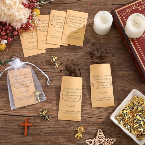 Cross Memorial Funeral Favors, 50 Sets Celebration of Life Gifts with Memorial Seed Packets, Black Ribbon Cross Sympathy Pins & Organza Bags, In Loving Memory Keepsakes