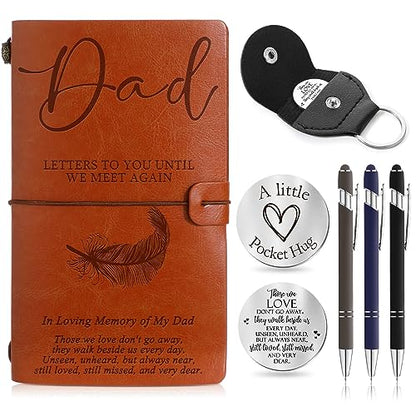 Fulmoon Memorial Gifts for Loss of Dad, Letters to Dad in Heaven Included 1 Grief Journal Travel Photo Diary Journal 1 Pocket Hug 1 PU Keychain 3 Ballpoint Pens Bereavement Gifts for Loss of Father - style: Dad