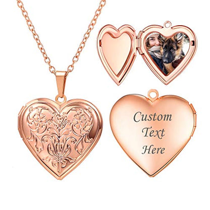 U7 Women Locket Necklace, Heart Photo Lockets Hold Picture, Gift Box Packed - color: 02# Rose Gold*Flower Grain