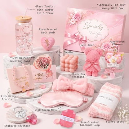 Pink Spa Gift Basket for Women, Birthday Self Care Gifts for Her | Ready-to-Gift Pink Spa Box for Mom, Sister, Friend, Birthday and Appreciation Gifts - color: Pink