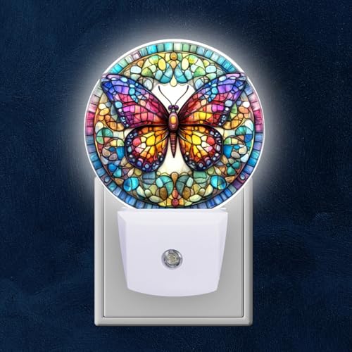 Round LED Night Lights Lamp with Dusk to Dawn Sensor, Stained Glass Art of Colorful Butterfly Mandala Night Light Plug Into Wall for Kids Room, Bedroom, Bathroom, Kitchen, Hallway - color: Stained Glass Art of Colorful Butterfly Mandala, size: Small