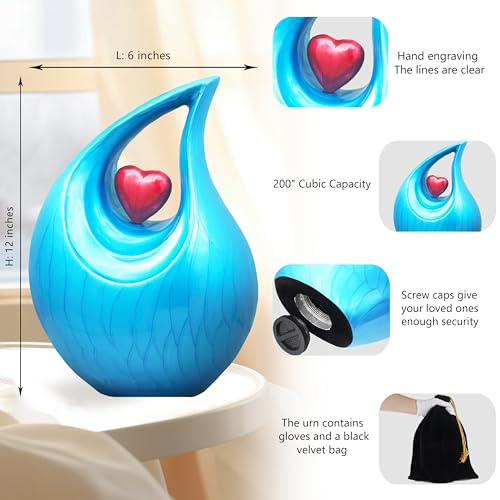 M MEILINXU Decorative Teardrop Urns for Human Ashes, Turquoise Heart, Adult | Love Urn for Women and Men, Cremation Urn Suitable for Funeral and Burial Needs with Memorial Display at Home or in a Niche