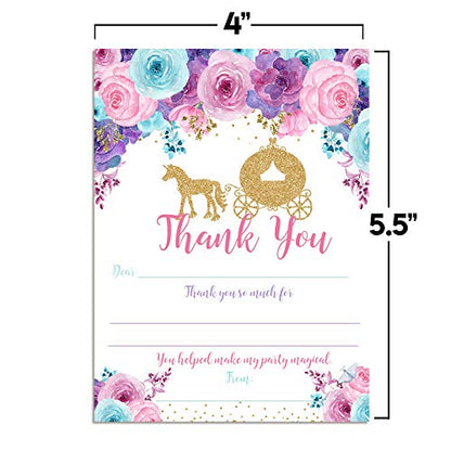 Royal Celebration Princess Carriage Theme Girls Birthday Thank You Cards, 10 Fill-In 4x5.5 Cards with White Envelopes, Gold Glitter Fairytale Party Design, Made in USA by Amanda Creation - style: Royal Celebration Gold Glitter Princess Carriage