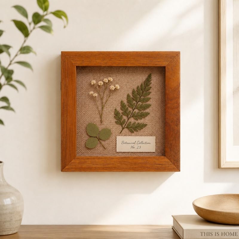 6x6 Small Shadow Box Frame, Acacia Wood Keepsake Display Case, Brown | Solid acacia wood, clear acrylic front, linen pin board, mini display case for photos, pins, coins, flowers and keepsakes - size: 6x6