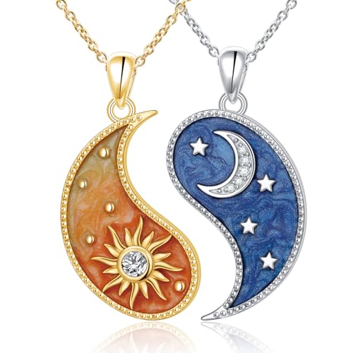 FLYOW S925 Sterling Silver Best Friend Couple Pendant Friendship Sun Moon Lotus Yin Yang Matching Bff Necklace for Women Jewelry - style: Sun Moon Yin Yang