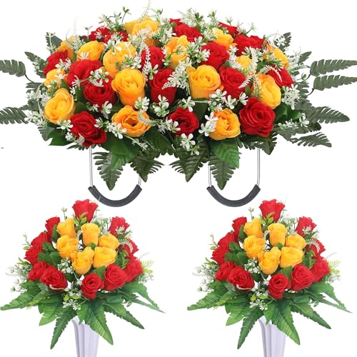 Lodou 3 Sets Cemetery Flowers for Grave,Headstone Flower Saddle,Grave Memorial Flowers with Vase for Cemetery Headstones Decoration ﻿ (Red Yellow) - color: Red Yellow