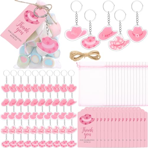 Equsion 50 Sets Cowgirl Party Favors Pink Western Hat Acrylic Keychain with Organza Bags and Thank You Tags for Birthday Bridal Wedding Baby Shower Bachelorette Party Supplies Gifts - style: Pink Cowboy Hat