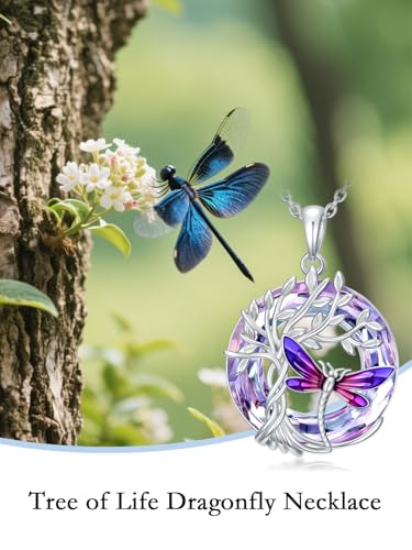 TOUPOP Butterfly Necklace for Women 925 Sterling Silver Tree of Life Butterflies Dragonfly Hummingbird Pendant Necklaces Crystal Jewelry Anniversary Christmas Birthday Gift for Her - color: Dragonfly Purple