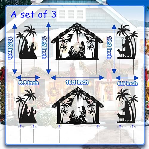 3 Pack Solar Nativity Scene Garden Stake 16.7in Metal Christmas Light - color: Black Jesus