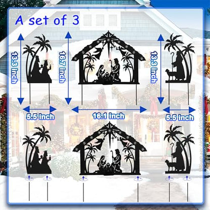 3 Pack Solar Nativity Scene Garden Stake 16.7in Metal Christmas Light - color: Black Jesus