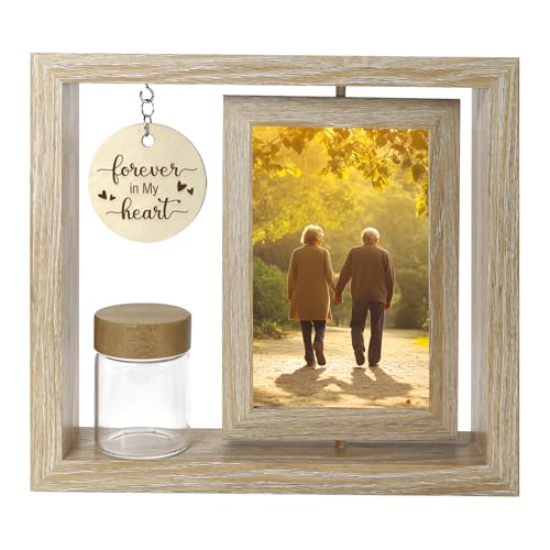 Custom Memorial Photo Frame for Loved Ones - Two 4x6 Inch Pictures with Included Glass Keepsake Jar for Hair, Ashes, or Mementos - Elegant Tribute Gift for Loss, Funeral, or Remembrance (wood1) - color: wood1