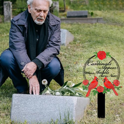 Cardinals Memorial Grave Stake with Cardinals Appear When Angels are Near - Metal Sympathy Grave Marker, Rust-Resistant Outdoor Cemetery Decoration(Cardinal) - style: Red Cardinal